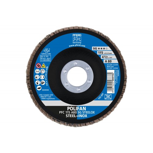 Disco de láminas lijadoras POLIFAN PFC 115x22,23 mm cónico A80 línea universal PSF STEELOX acero/acero inoxidable