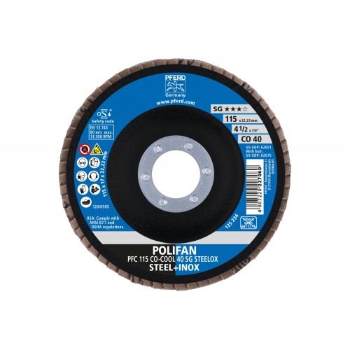 Disco de láminas lijadoras POLIFAN PFC 115x22,23 mm cónico CO-COOL 40 SG STEELOX acero/acero inoxidable