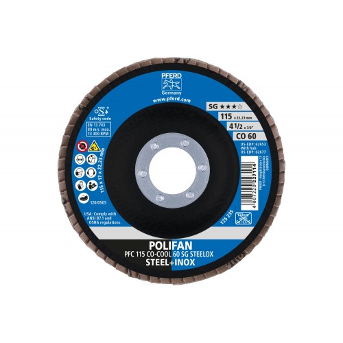 Disco de láminas lijadoras POLIFAN PFC 115x22,23 mm cónico CO-COOL 60 SG STEELOX acero/acero inoxidable