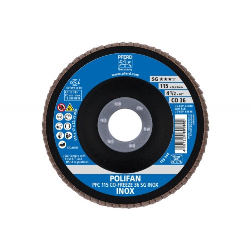 Disco de láminas lijadoras POLIFAN PFC 115x22,23 mm cónico CO-FREEZE 36 SG INOX acero inoxidable
