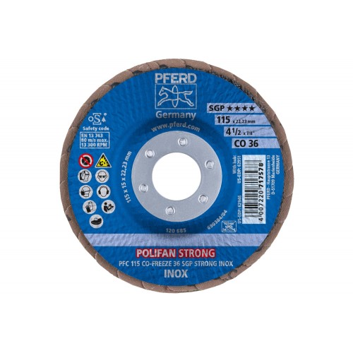 Disco de láminas lijadoras STRONG POLIFAN PFC 115x22,23 mm cónico CO-FREEZE 36 SGP INOX acero inoxidable