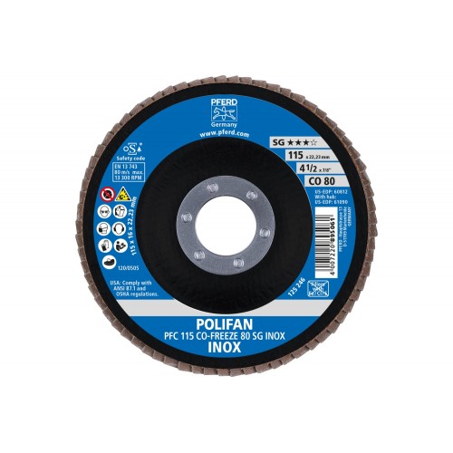 Disco de láminas lijadoras POLIFAN PFC 115x22,23 mm cónico CO-FREEZE 80 SG INOX acero inoxidable