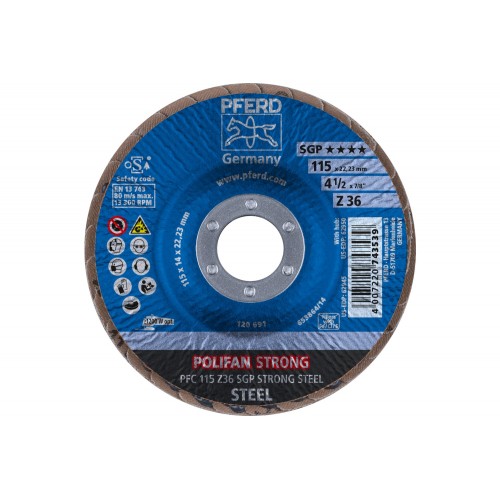 Disco de láminas lijadoras STRONG POLIFAN PFC 115x22,23 mm cónico Z36 línea SGP STEEL para acero