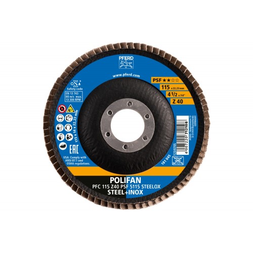 Disco de láminas lijadoras POLIFAN PFC 115x22,23 mm cónico Z40 línea universal PSF 5115 STEELOX acero/acero inoxidable