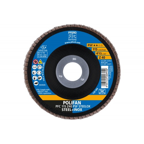 Disco de láminas lijadoras POLIFAN PFC 115x22,23 mm cónico Z40 línea universal PSF STEELOX acero/acero inoxidable