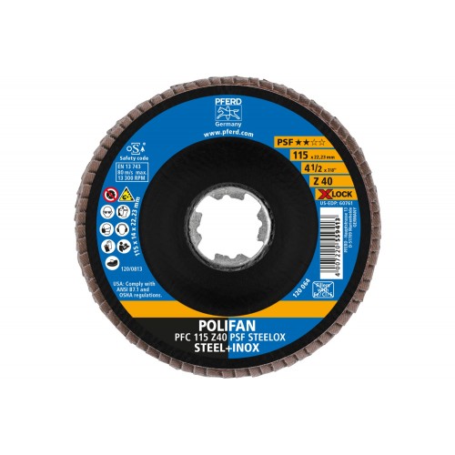 Disco de láminas lijadoras POLIFAN PFC 115 mm X-LOCK cónico Z40 línea universal PSF STEELOX acero/acero inoxidable