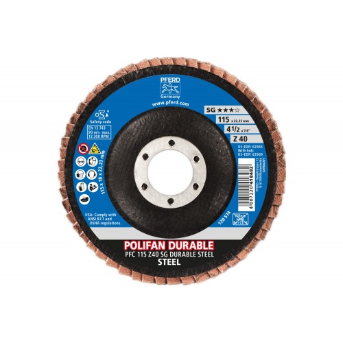 Disco de láminas lijadoras POLIFAN POWER PFC 115x22,23 mm cónico Z40, línea rendimiento SG DURABLE STEEL para acero