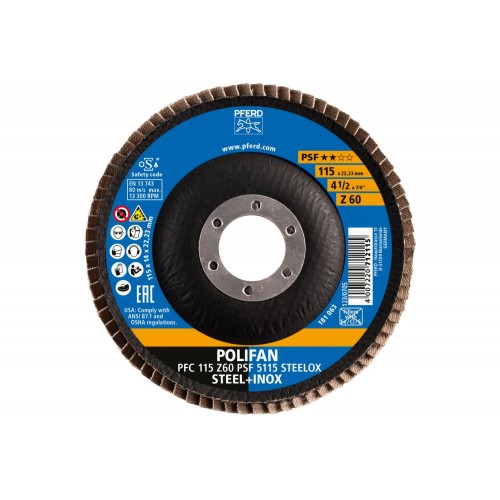 Disco de láminas lijadoras POLIFAN PFC 115x22,23 mm cónico Z60 línea universal PSF 5115 STEELOX acero/acero inoxidable