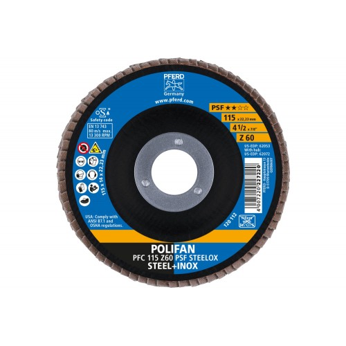Disco de láminas lijadoras POLIFAN PFC 115x22,23 mm cónico Z60 línea universal PSF STEELOX acero/acero inoxidable