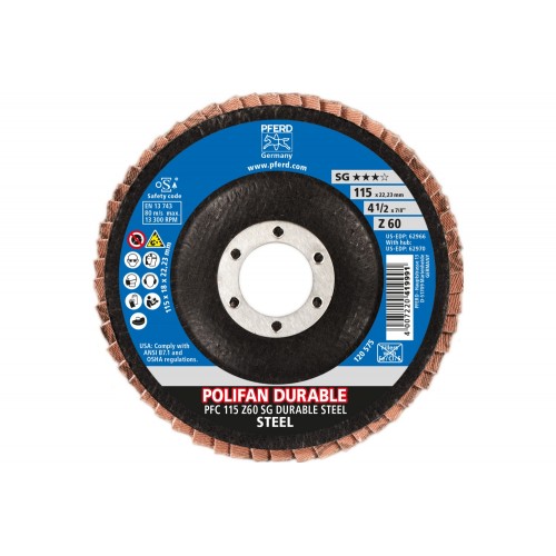 Disco de láminas lijadoras POLIFAN POWER PFC 115x22,23 mm cónico Z60, línea rendimiento SG DURABLE STEEL para acero