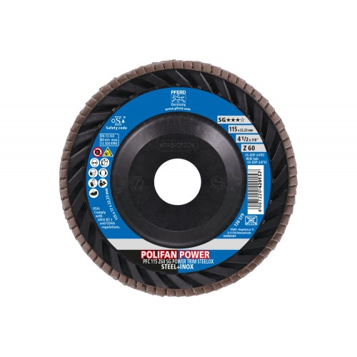 Disco de láminas lijadoras POLIFAN POWER PFC 115x22,23 mm cónico Z60, línea rendimiento SG TRIM STEELOX acero/acero inoxidable