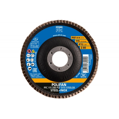 Disco de láminas lijadoras POLIFAN PFC 115x22,23 mm cónico Z80 línea universal PSF 5115 STEELOX acero/acero inoxidable