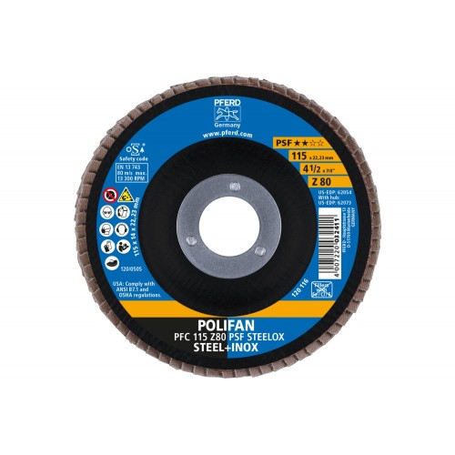 Disco de láminas lijadoras POLIFAN PFC 115x22,23 mm cónico Z80 línea universal PSF STEELOX acero/acero inoxidable