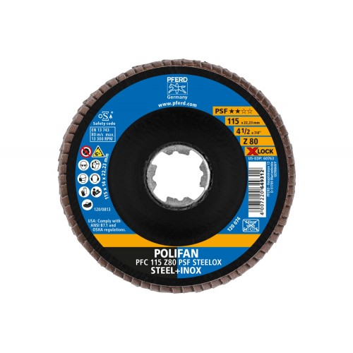 Disco de láminas lijadoras POLIFAN PFC 115 mm X-LOCK cónico Z80 línea universal PSF STEELOX acero/acero inoxidable