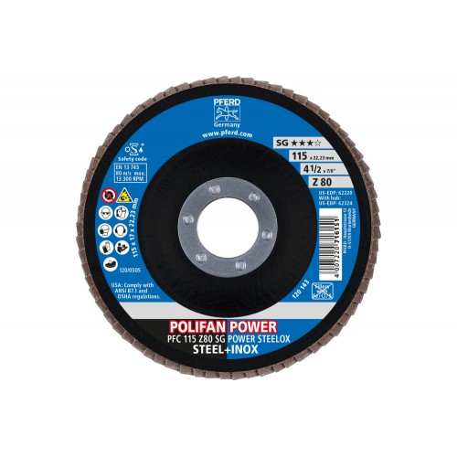 Disco de láminas lijadoras POWER POLIFAN PFC 115x22,23 mm cónico Z80 SG STEELOX acero/acero inoxidable