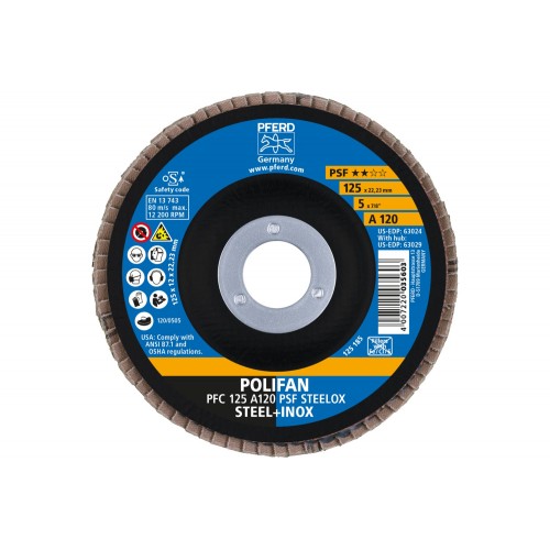 Disco de láminas lijadoras POLIFAN PFC 125x22,23 mm cónico A120 línea universal PSF STEELOX acero/acero inoxidable