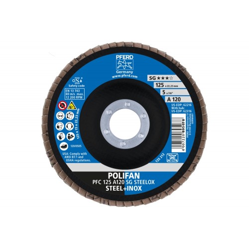 Disco de láminas lijadoras POLIFAN PFC 125x22,23 mm cónico A120 SG STEELOX acero/acero inoxidable