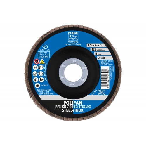 Disco de láminas lijadoras POLIFAN PFC 125x22,23 mm cónico A40 SG STEELOX acero/acero inoxidable