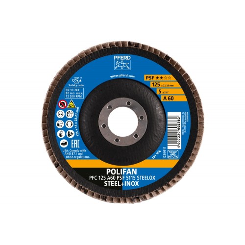 Disco de láminas lijadoras POLIFAN PFC 125x22,23 mm cónico A60 línea universal PSF 5115 STEELOX acero/acero inoxidable