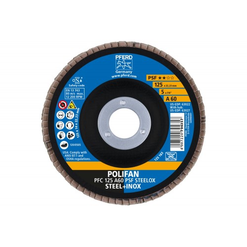 Disco de láminas lijadoras POLIFAN PFC 125x22,23 mm cónico A60 línea universal PSF STEELOX acero/acero inoxidable