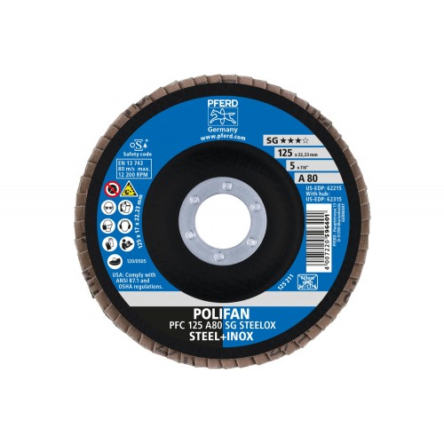 Disco de láminas lijadoras POLIFAN PFC 125x22,23 mm cónico A80 SG STEELOX acero/acero inoxidable
