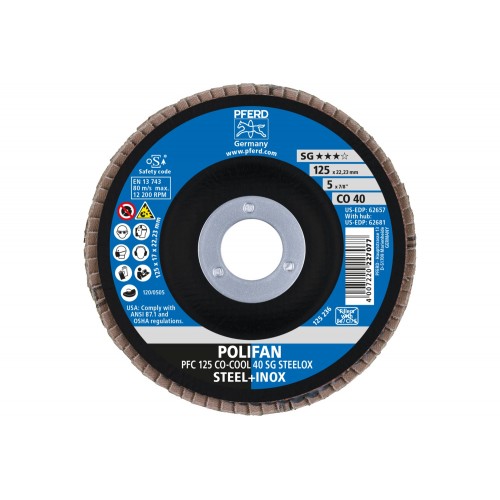 Disco de láminas lijadoras POLIFAN PFC 125x22,23 mm cónico CO-COOL 40 SG STEELOX acero/acero inoxidable