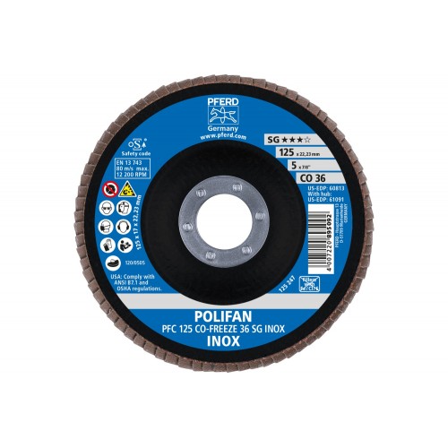 Disco de láminas lijadoras POLIFAN PFC 125x22,23 mm cónico CO-FREEZE 36 SG INOX acero inoxidable