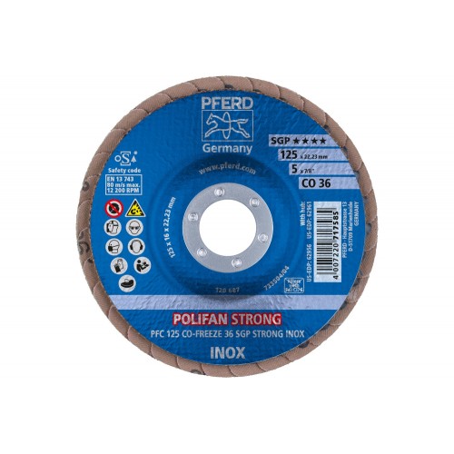 Disco de láminas lijadoras STRONG POLIFAN PFC 125x22,23 mm cónico CO-FREEZE 36 SGP INOX acero inoxidable