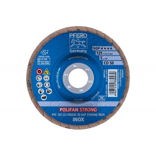 Disco de láminas lijadoras STRONG POLIFAN PFC 125x22,23 mm cónico CO-FREEZE 50 SGP INOX acero inoxidable