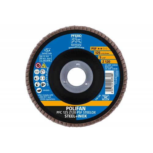 Disco de láminas lijadoras POLIFAN PFC 125x22,23 mm cónico Z120 línea universal PSF STEELOX acero/acero inoxidable (10)