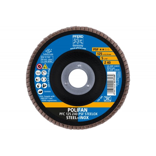 Disco de láminas lijadoras POLIFAN PFC 125x22,23 mm cónico Z40 línea universal PSF STEELOX acero/acero inoxidable (10)