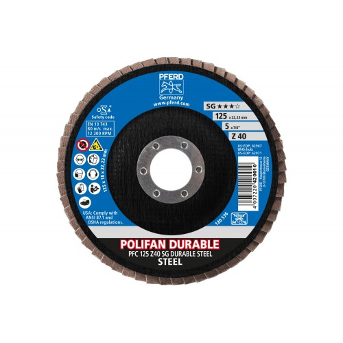 Disco de láminas lijadoras POLIFAN POWER PFC 125x22,23 mm cónico Z40, línea rendimiento SG DURABLE STEEL para acero