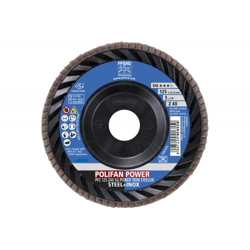 Disco de láminas lijadoras POLIFAN POWER PFC 125x22,23 mm cónico Z40, línea rendimiento SG TRIM STEELOX acero/acero inoxidable