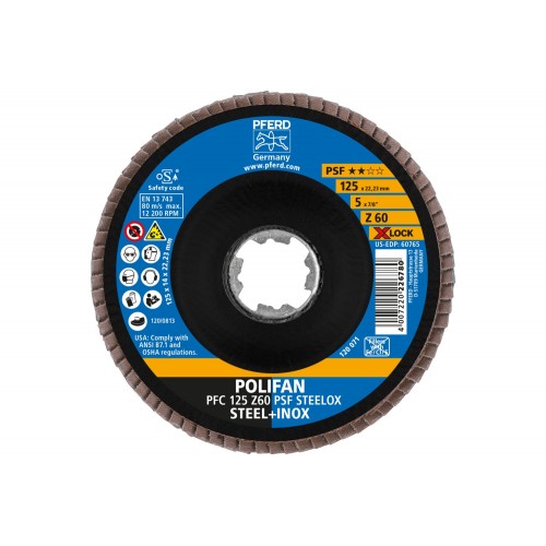 Disco de láminas lijadoras POLIFAN PFC 125 mm X-LOCK cónico Z60 línea universal PSF STEELOX acero/acero inoxidable