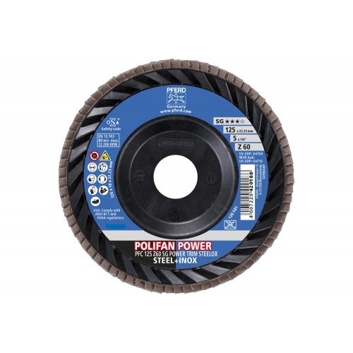 Disco de láminas lijadoras POLIFAN POWER PFC 125x22,23 mm cónico Z60, línea rendimiento SG TRIM STEELOX acero/acero inoxidable