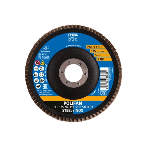 Disco de láminas lijadoras POLIFAN PFC 125x22,23 mm cónico Z80 línea universal PSF 5115 STEELOX acero/acero inoxidable