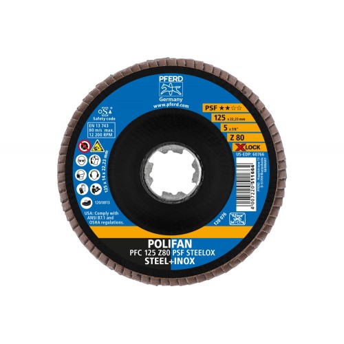 Disco de láminas lijadoras POLIFAN PFC 125 mm X-LOCK cónico Z80 línea universal PSF STEELOX acero/acero inoxidable