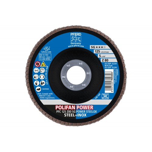 Disco de láminas lijadoras POWER POLIFAN PFC 125x22,23 mm cónico Z80 SG STEELOX acero/acero inoxidable