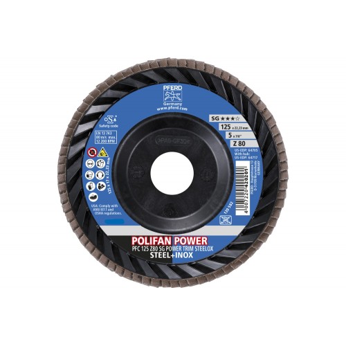 Disco de láminas lijadoras POLIFAN POWER PFC 125x22,23 mm cónico Z80, línea rendimiento SG TRIM STEELOX acero/acero inoxidable