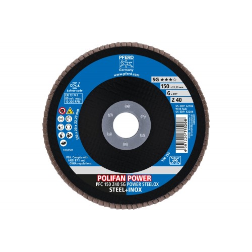 Disco de láminas lijadoras POWER POLIFAN PFC 150x22,23 mm cónico Z40 SG STEELOX acero/acero inoxidable