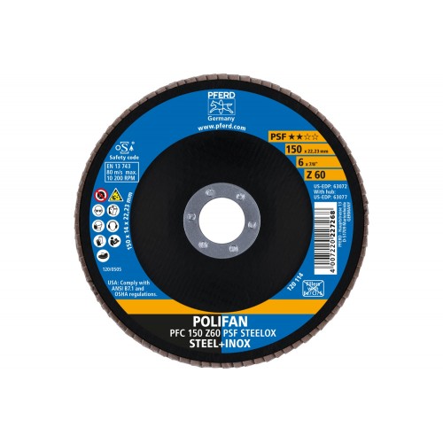 Disco de láminas lijadoras POLIFAN PFC 150x22,23 mm cónico Z60 línea universal PSF STEELOX acero/acero inoxidable