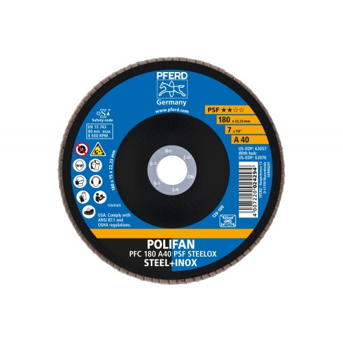 Disco de láminas lijadoras POLIFAN PFC 180x22,23 mm cónico A40 línea universal PSF STEELOX acero/acero inoxidable