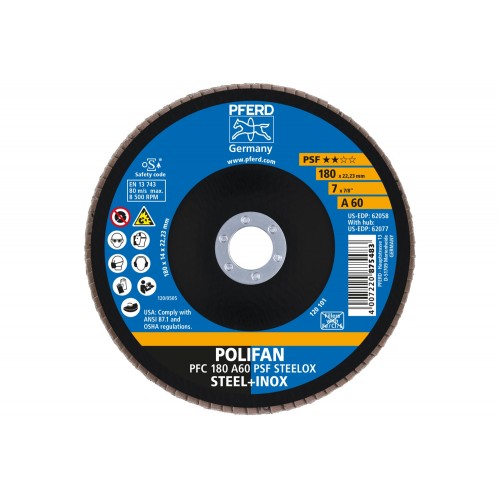 Disco de láminas lijadoras POLIFAN PFC 180x22,23 mm cónico A60 línea universal PSF STEELOX acero/acero inoxidable