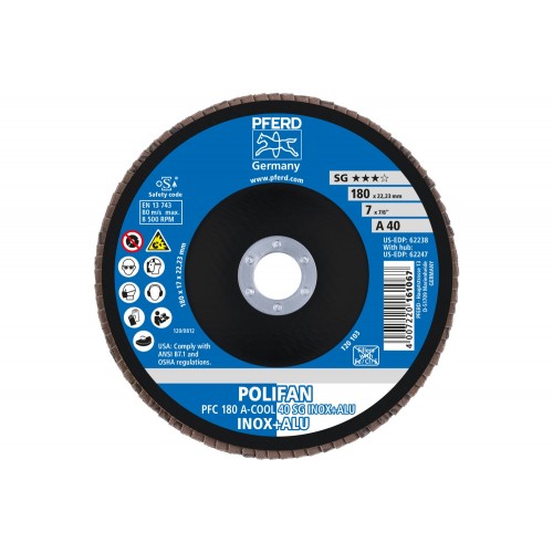 Disco de láminas lijadoras POLIFAN PFC 180x22,23 mm cónico A-COOL 40 SG INOX+ALU acero inoxidable/aluminio