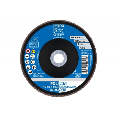Disco de láminas lijadoras POLIFAN PFC 180x22,23 mm cónico A-COOL 80 SG INOX+ALU acero inoxidable/aluminio