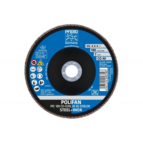 Disco de láminas lijadoras POLIFAN PFC 180x22,23 mm cónico CO-COOL 40 SG STEELOX acero/acero inoxidable