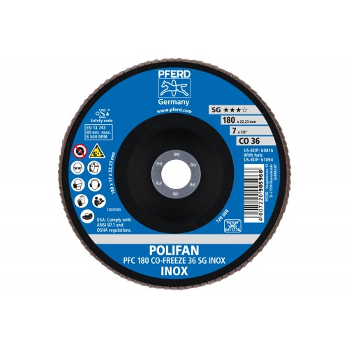 Disco de láminas lijadoras POLIFAN PFC 180x22,23 mm cónico CO-FREEZE 36 SG INOX acero inoxidable