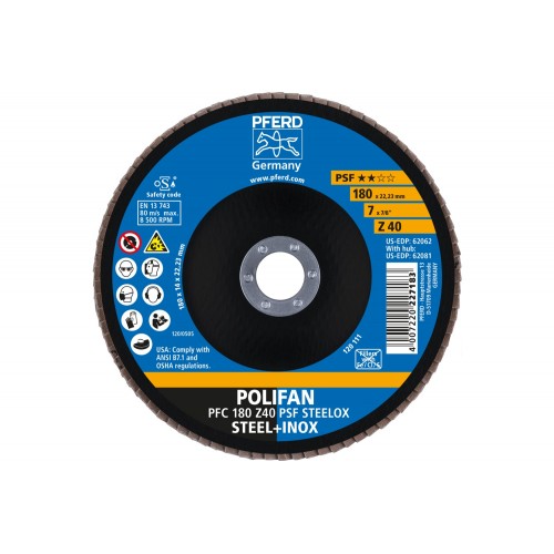 Disco de láminas lijadoras POLIFAN PFC 180x22,23 mm cónico Z40 línea universal PSF STEELOX acero/acero inoxidable