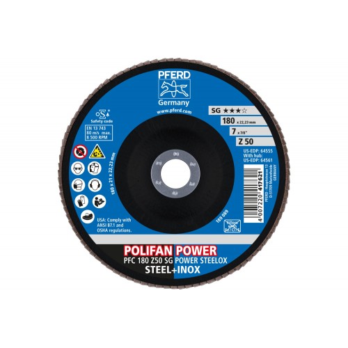 Disco de láminas lijadoras POLIFAN POWER PFC 180x22,23 mm cónico Z50, línea rendimiento SG STEELOX para acero/acero inoxidable