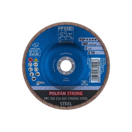 Disco de láminas lijadoras STRONG POLIFAN PFC 180x22,23 mm cónico Z50 línea SGP STEEL para acero